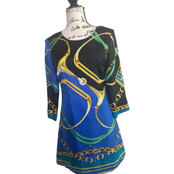 JULIE BROWN SHEATH DRESS 100% SILK SZ 0 EQUESTRIAN PRINT ECLECTIC CHIC COCKTAIL - Picture 16 of 16